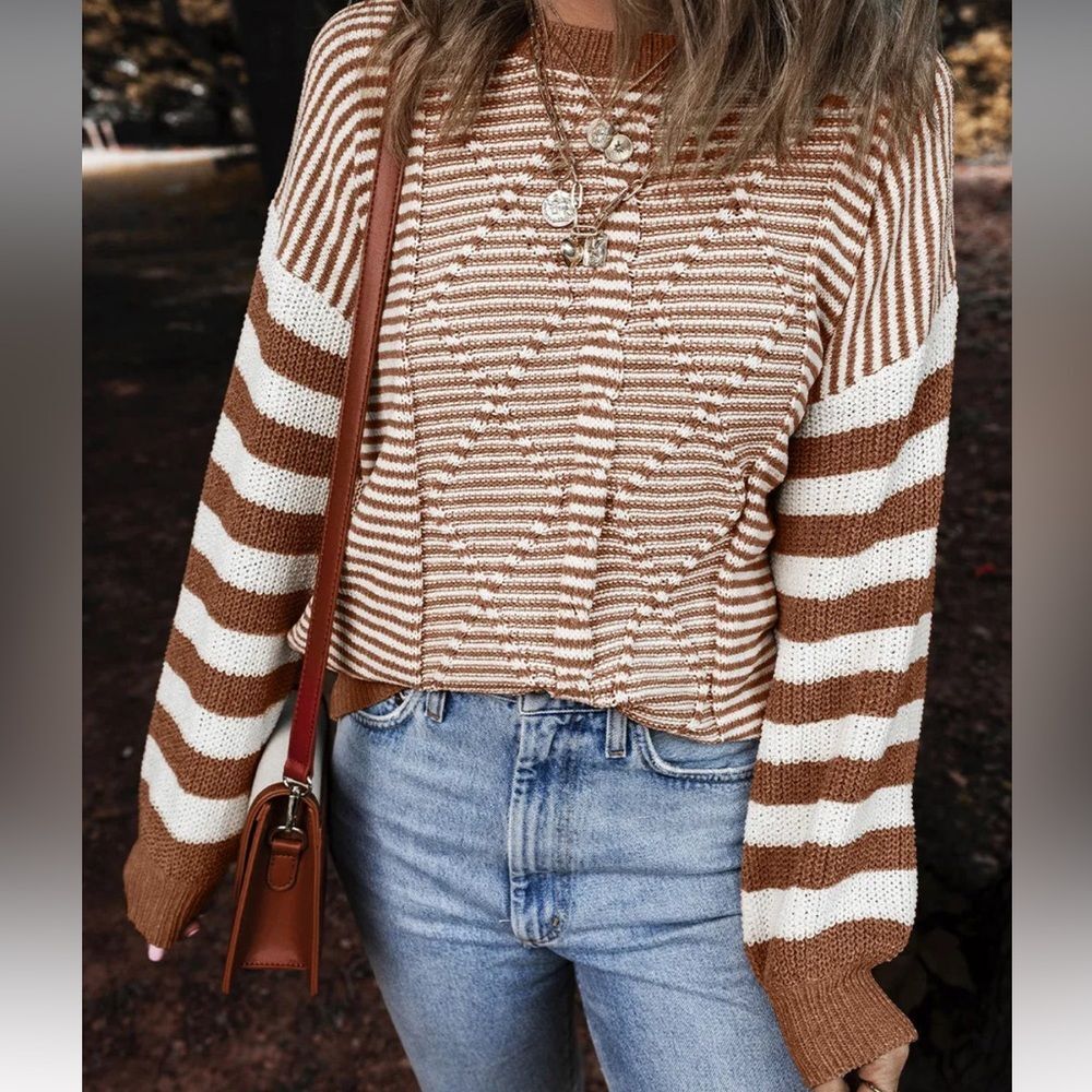 Striped Round Neck Long Sleeve Cozy Soft Trendy Sweater with Balloon Sleeve